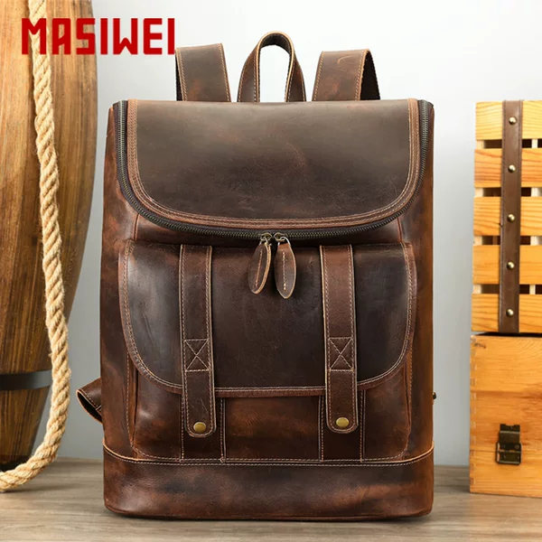 MASIWEI Crazy Horse Leather Retro Men's Backpack Business Computer Bag Genuine Leather Large Capacity Casual Backpack