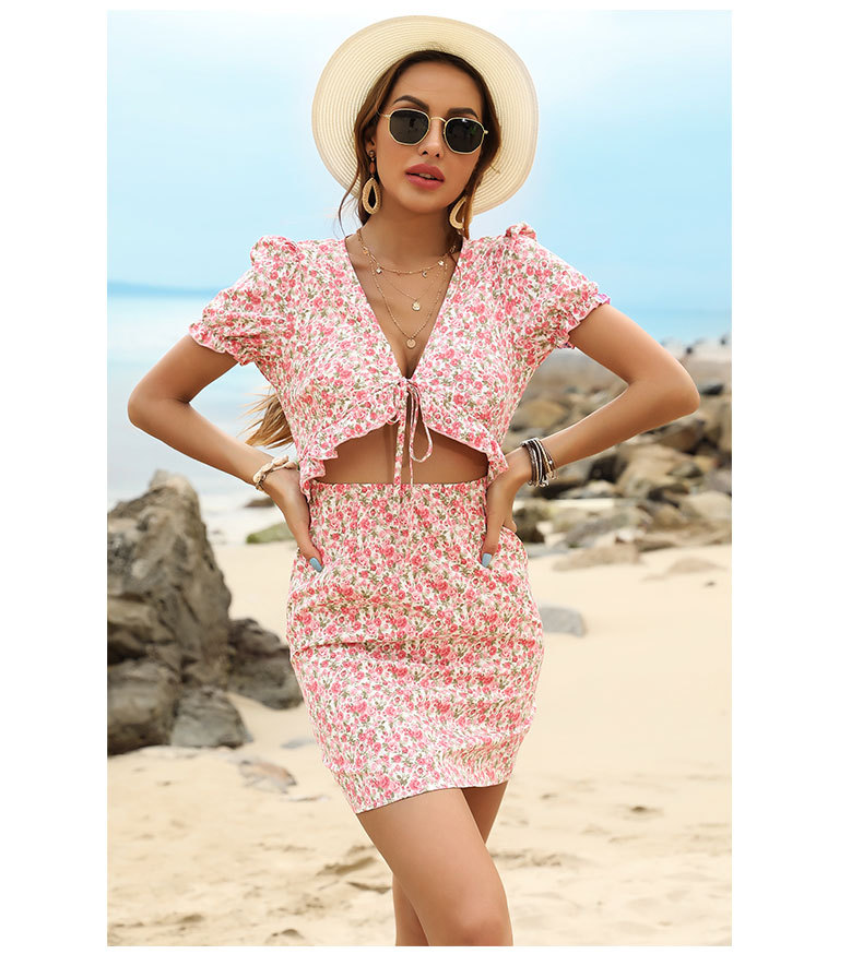 floral V-Neck Hollow Waist Short-Sleeved Dress NSYYF61516