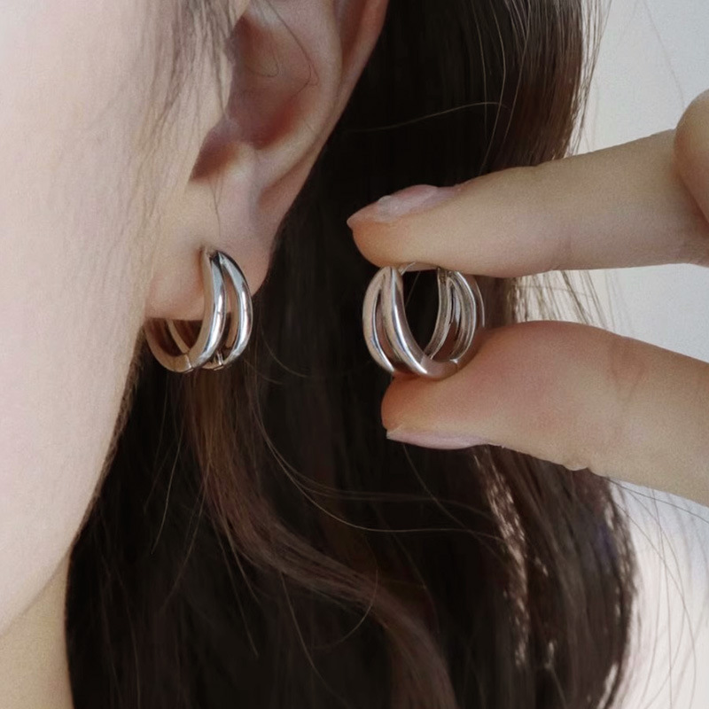 S925 Sterling Silver Double Arc Ring Earrings Female Niche Design Cold Wind Autumn and Winter Advanced Sense Geometric Round Plain Ring Earrings