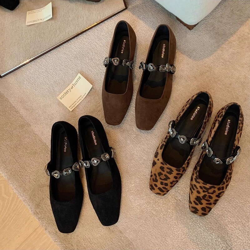 Sheepskin Version Grape Mom Genuine Leather Elegant Small Square Head Love Diamond Belt Shallow Mouth Mary Jane Shoes Women's Leopard Print Flat Shoes