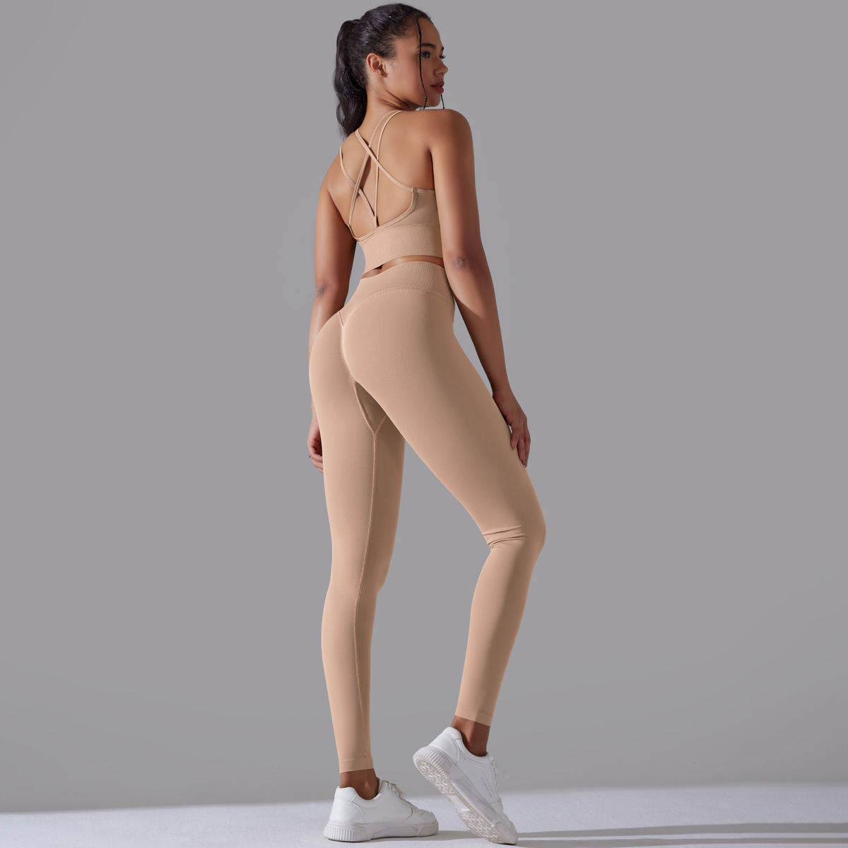Transfronterizo europeo y americano nuevo punto sin costuras color sólido espalda apretada cintura alta ropa de yoga traje correr fitness traje de dos piezas