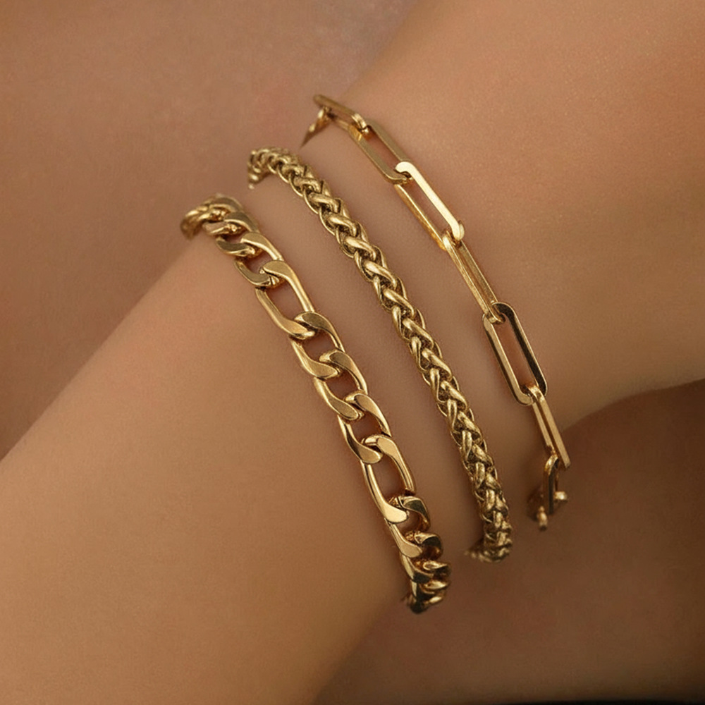 Cross-Border Hot-Selling Paper Clip Bracelet Set Stainless Steel Plated 18K Gold Punk Chain Simple Multi-Layer Stackable Hand Jewelry