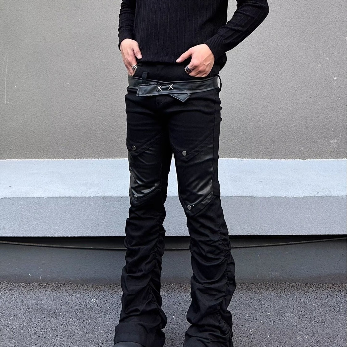 Men's Retro Washed Distressed Cleanfit Jeans Slightly Flared Slimming Black High Street Style American Vibe Curved Pants_mkmklike.com
