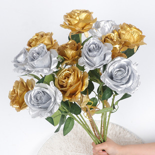 Cross-border simulation gold and silver roses gold rose silver rose scene layout golden fake flower party decoration flower arrangement
