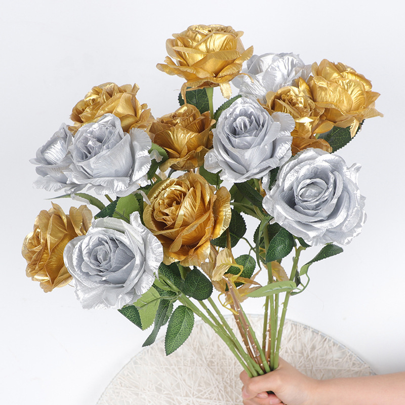 Cross-Border Simulated Gold and Silver Roses, Gold Roses, Silver Roses, Scene Layout, Gold Fake Flowers, Party Decoration Flower Arrangements