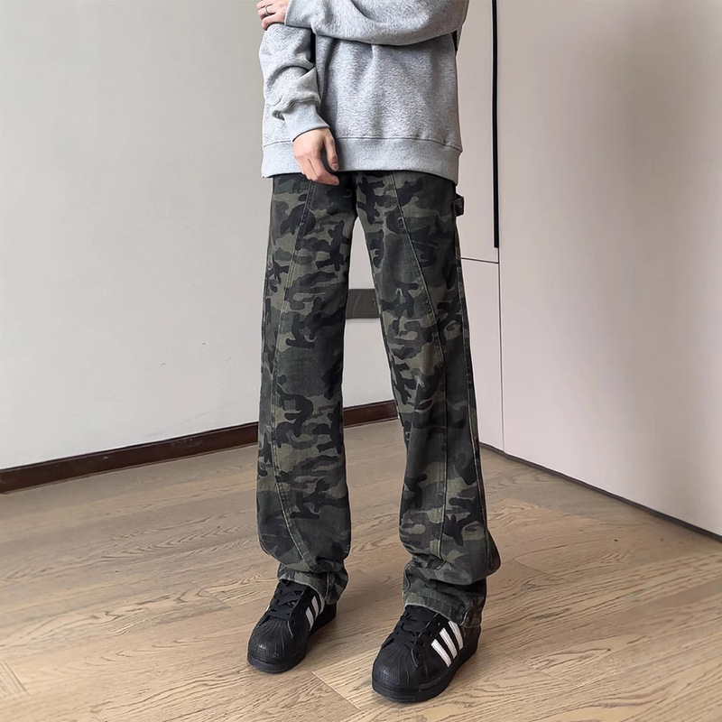 Source manufacturers camouflage work jeans boys American high street retro pants loose straight wide leg long pants