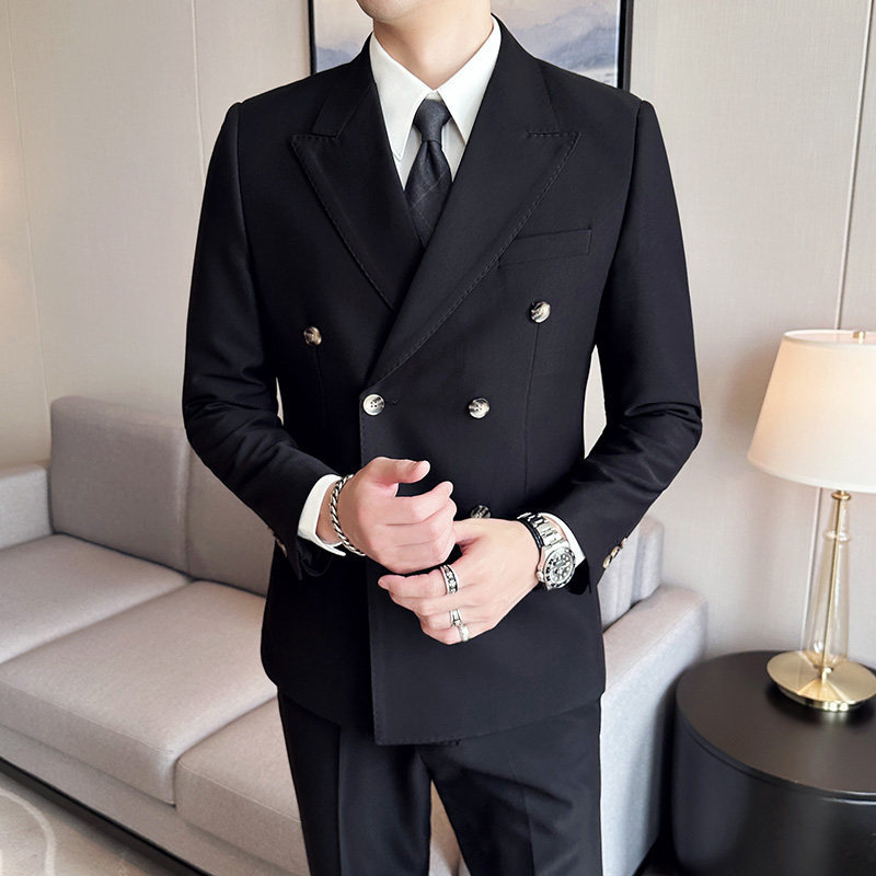 Summer Men's Suit Double-Breasted Casual Formal Wear with Peaked Lapel, High-End Business Slim-Fit Commuter Blazer