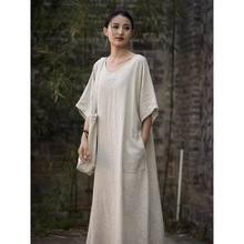 夏季长款连衣裙 棉麻宽松短袖V领袍子松弛感苎麻文艺长裙子