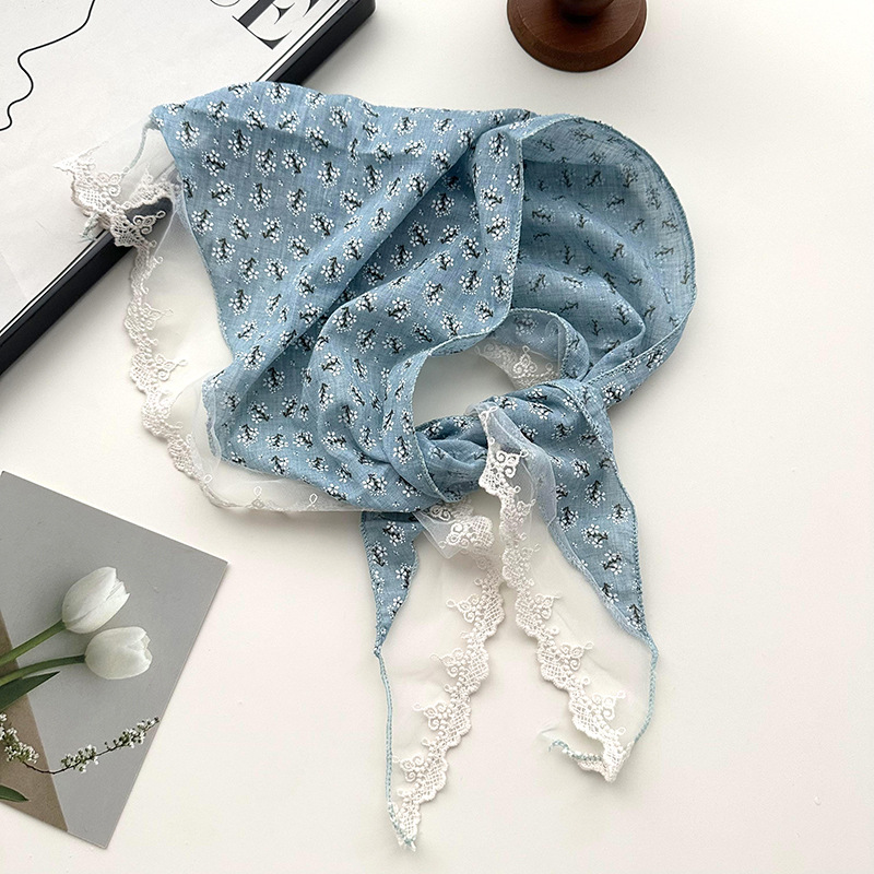 Flor francesa idílica dulce pañuelo de cabello de encaje empalme decoración retro pañuelo triangular bandana bufandas de seda correa de cabello