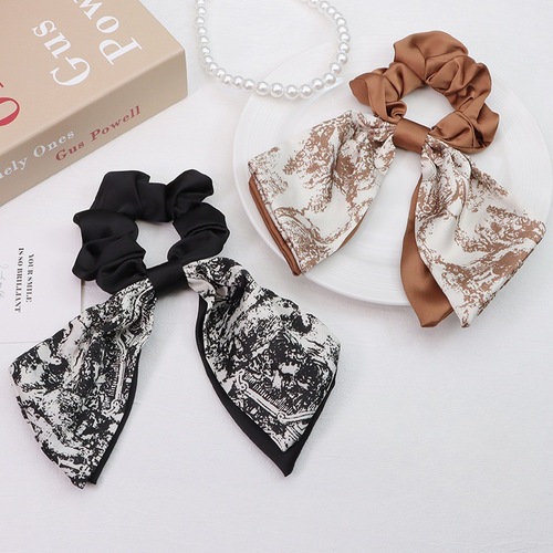 French vintage printed ribbon hair tie with elegant elegance, large intestine hair tie, exquisite ponytail hair ribbon for women