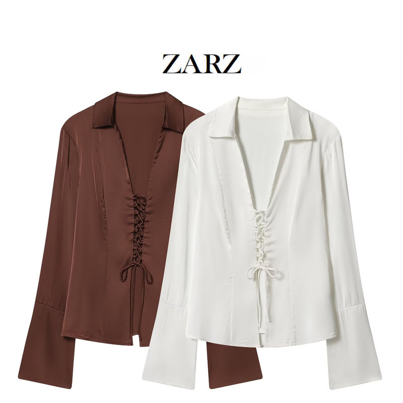 Zarz Self-Designed European and American Style New Women's Clothing, Stylish and Fashionable Satin Tie-Up Flared Shirt