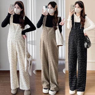 2024 winter pregnant women fleece-lined thickened pregnant women fashion floral strap pants two-piece set tide
