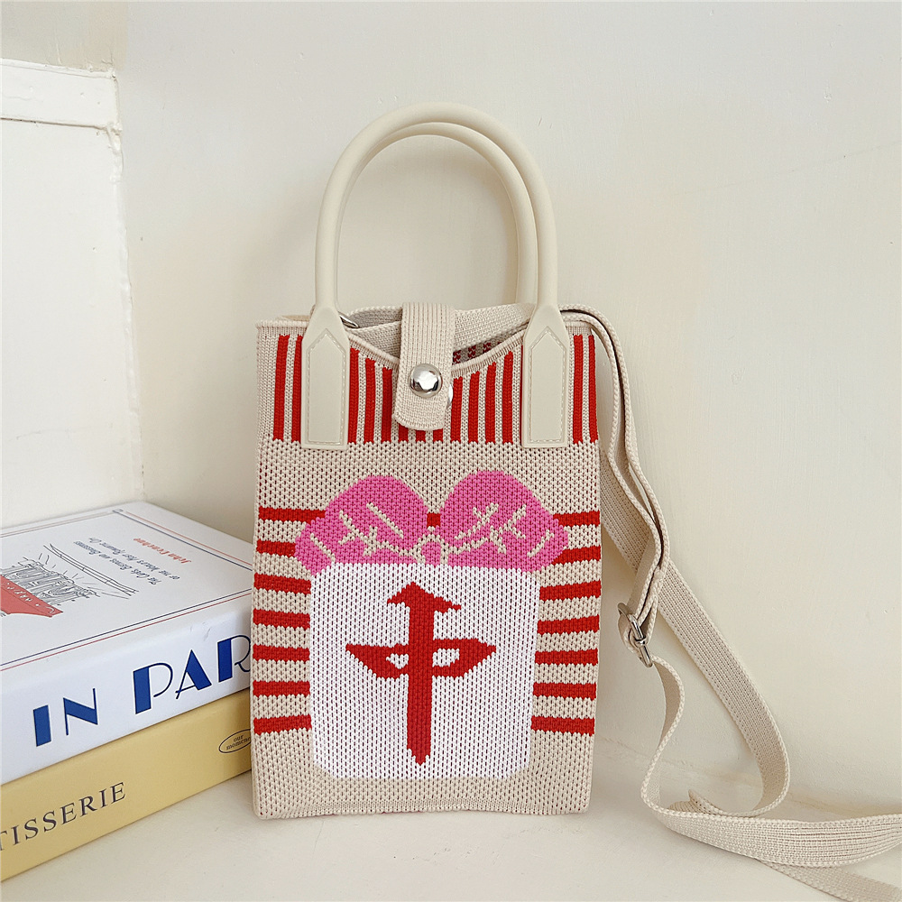 108g Weight Polyester Lining Material Buckle Closure Type Top Handle Strap Type Handbag Bags Type Casual, Daily Occasion Knit Material Cat Pattern All Seasons Season Women's Gender Vintage Style, Classic Style Style Bucket Shape Small Size Women's Small Knit Cat Vintage Style Classic Style Bucket Buckle Handbag 6