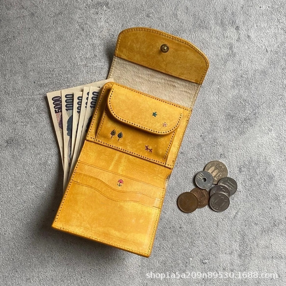 Japanese-style new men's and women's leather wallet cowhide double folding multifunctional compact Buckle Tree paste leather wallet