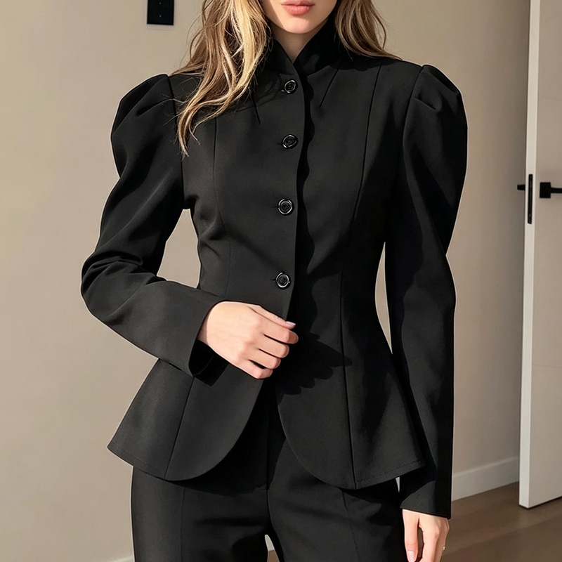 Autumn and winter French-style black tweed jacket for women, featuring a retro stand-up collar, puff sleeves, and a soft-chic design suitable for work Autumn and winter French-style black tweed jacket for women, featuring a retro stand-up collar, puff sleeves, and a soft-chic design suitable for work