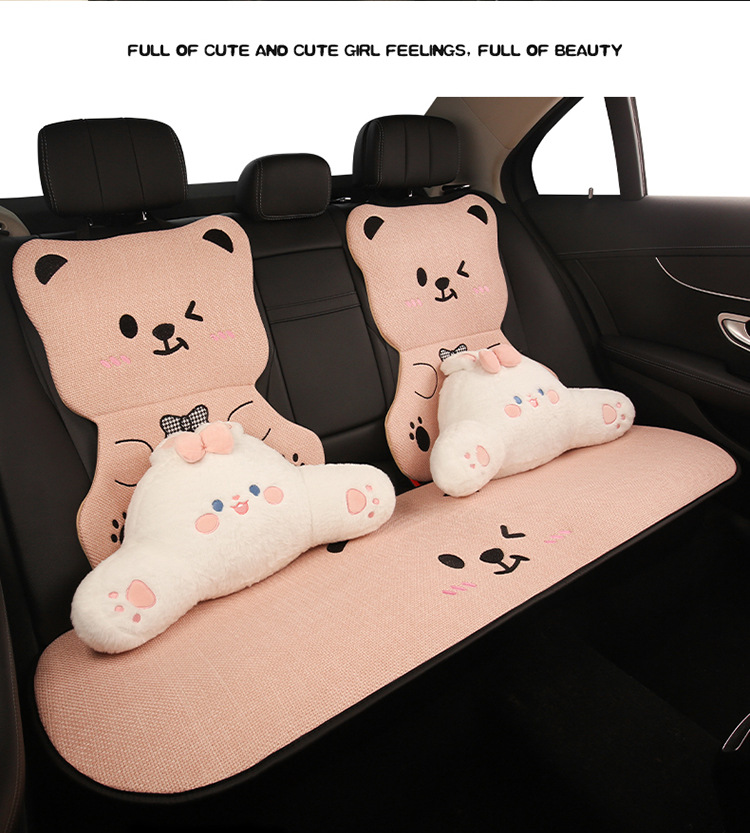 Car Seat Cushion Bear Cartoon Four-Season Universal Non-Slip Anti-Dirt Linen Seat Cover Protective Cover Full-Cover Linen Cartoon