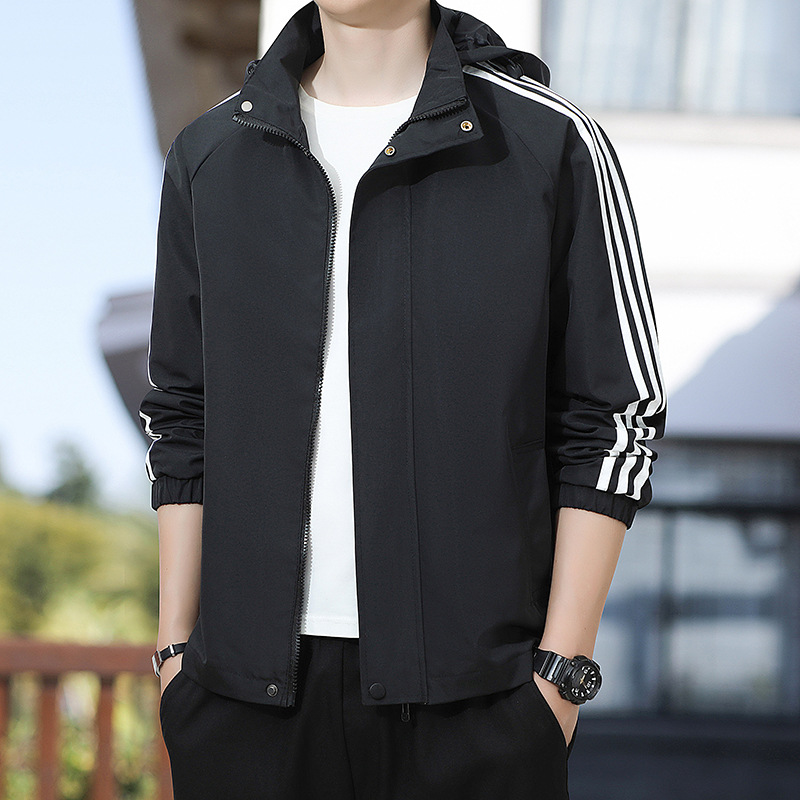 2024 Nueva chaqueta de los hombres de primavera con capucha tres barras chaqueta casual más tamaño cazadora Fábrica En Vivo al por mayor