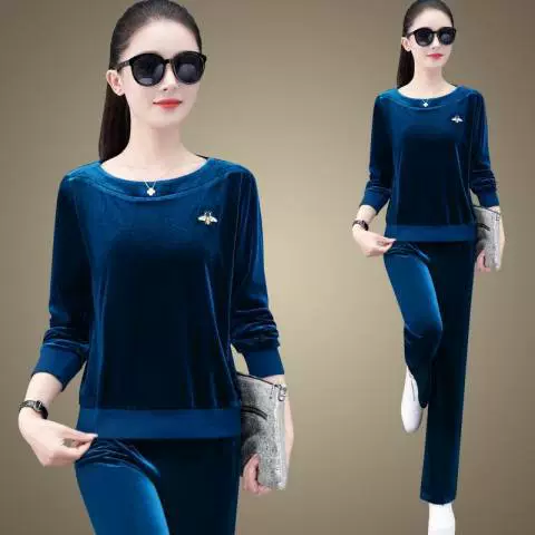 Оптовая Золотой Бархатный спортивный костюм для отдыха женский 2024 весна и осень новая мода в западном стиле с круглым вырезом Большие размеры из двух предметов