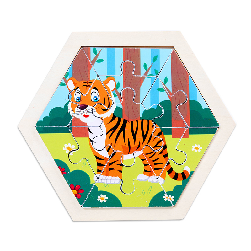 Rompecabezas de animales de dibujos animados tridimensional creativo para niños hexagonales rompecabezas de Educación Temprana de Madera Juguetes cognitivos de tráfico de frutas y verduras