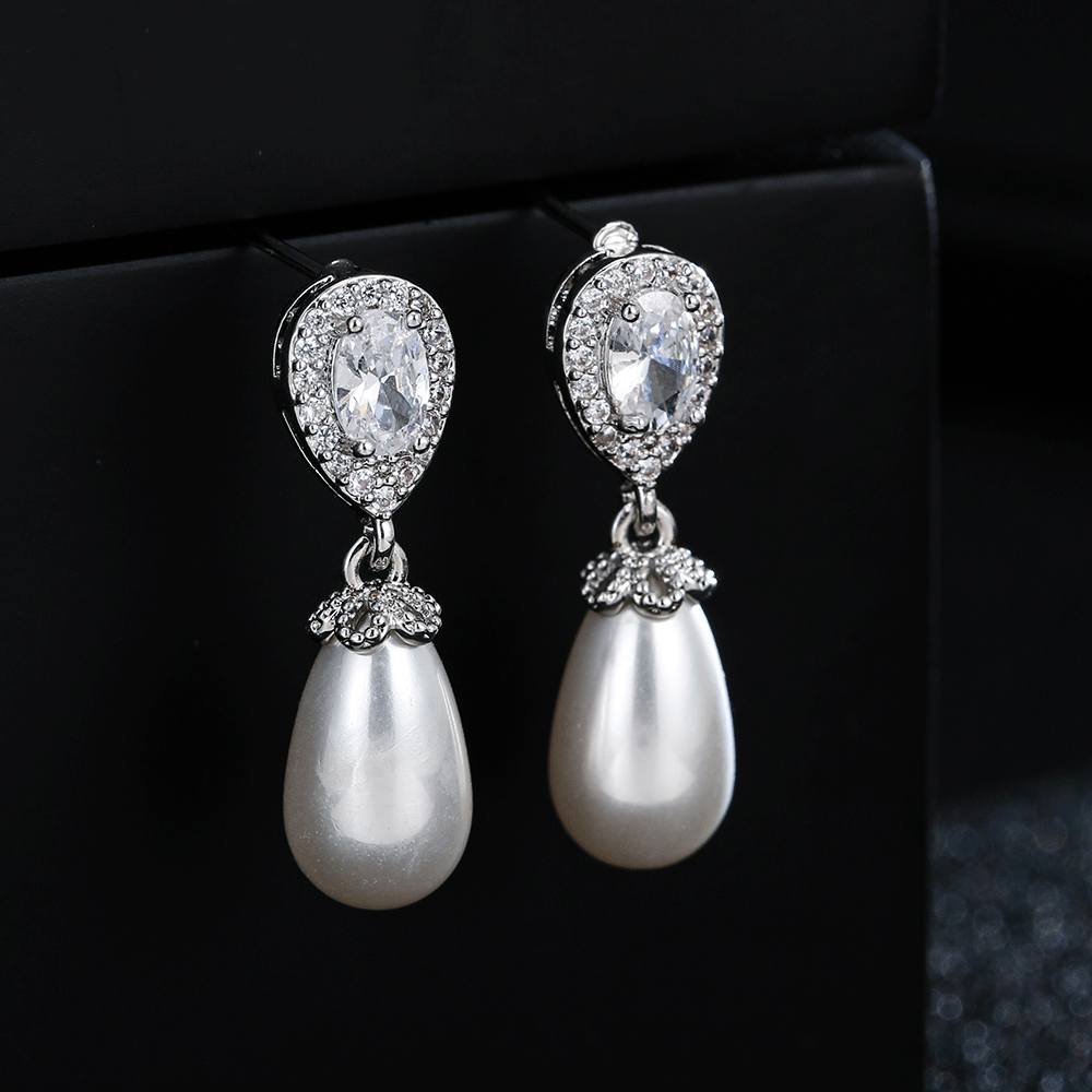 Boucles d'oreilles tendance en forme de goutte d'eau, perles et zircon, accessoires pour femme. Bijou idéal pour une robe de mariée ou une tenue de soirée._voghion.com