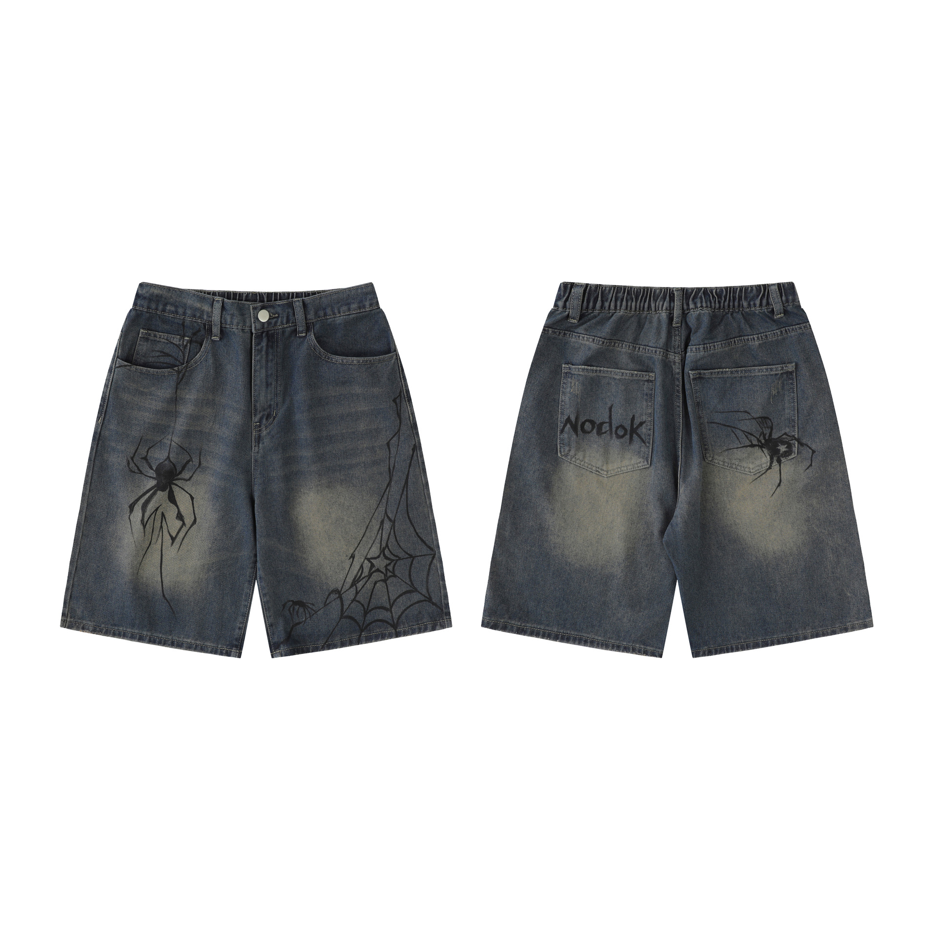 Cross-border explosions source | hand-painted spider Denim shorts men's summer loose retro distressed blue straight pants