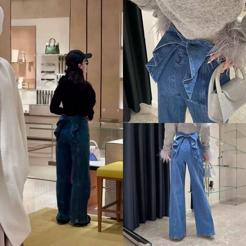In Stock! Correct Version! with Pattern! Liu Yifei's Same Style American Retro Back Bow High Waist Jeans