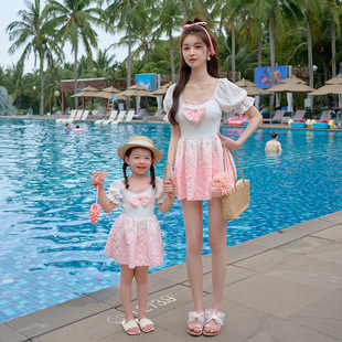 Summer 2023 New Mother-Daughter Parent-Child Swimsuit Women's One-Piece Skirt Flat-Corner Slim Belly-Covering Swimwear for Children Hot Spring