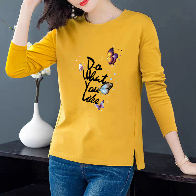 [100 Cotton] Autumn Long Sleeve Cotton Printed T-Shirt Women's Elegant Commuter Split Crewneck Turtleneck Cotton Backing Shirt