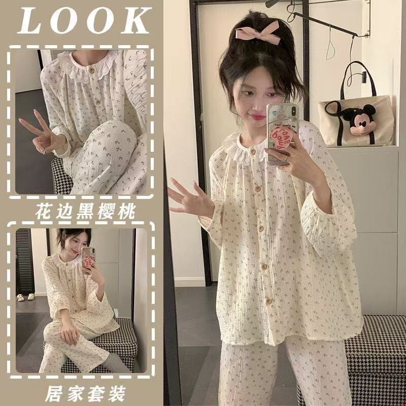 Source Manufacturer Spring Pajamas for Women New Cloud Cotton Long-Sleeved Small Lapel Polka Dot Long-Sleeved Pants Casual Home Wear