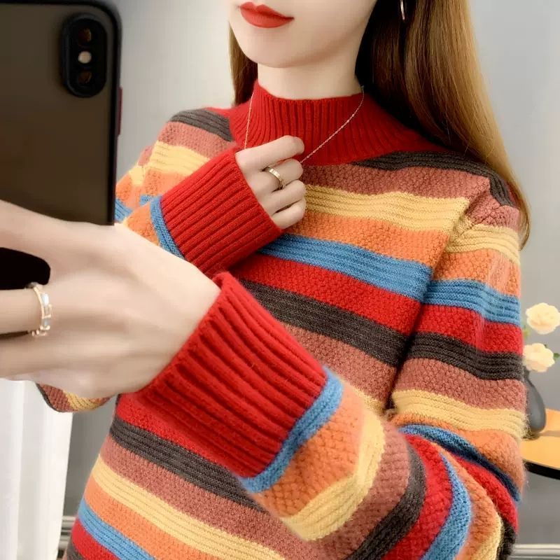 【 Famiglia Cashmere 】 Maglione da donna a righe larghe e spesse in maglia di lana corta con collo alto, strato interno_voghion.com