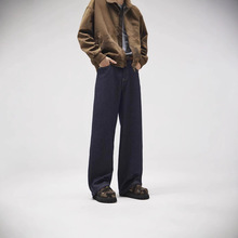 现货 秋季加绒加厚保暖新款牛仔裤男美式宽松直筒丹宁水洗阔腿裤