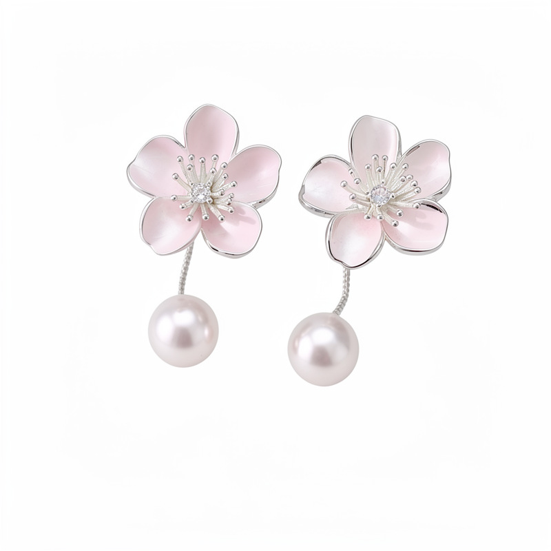Aguja de plata zircon goteo flor perla pendientes pequeños frescos dulces accesorios de vacaciones pendientes lujosos de alta calidad pendientes