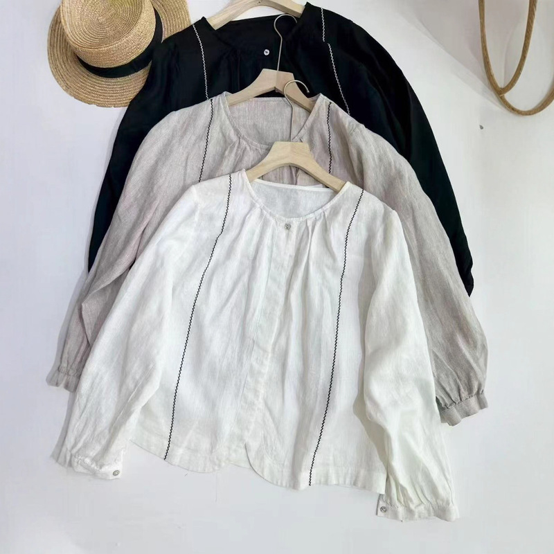 Nami Clothing Early Autumn 100 Linen Wave Embroidery Strip Shell Single-Breasted Cardigan Shirt Sun Protection Jacket