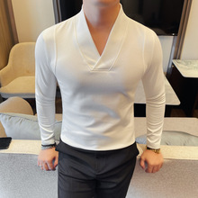 2025新款男士个性V领长袖T恤 拼接百搭轻奢痞帅修身弹力打底衫男