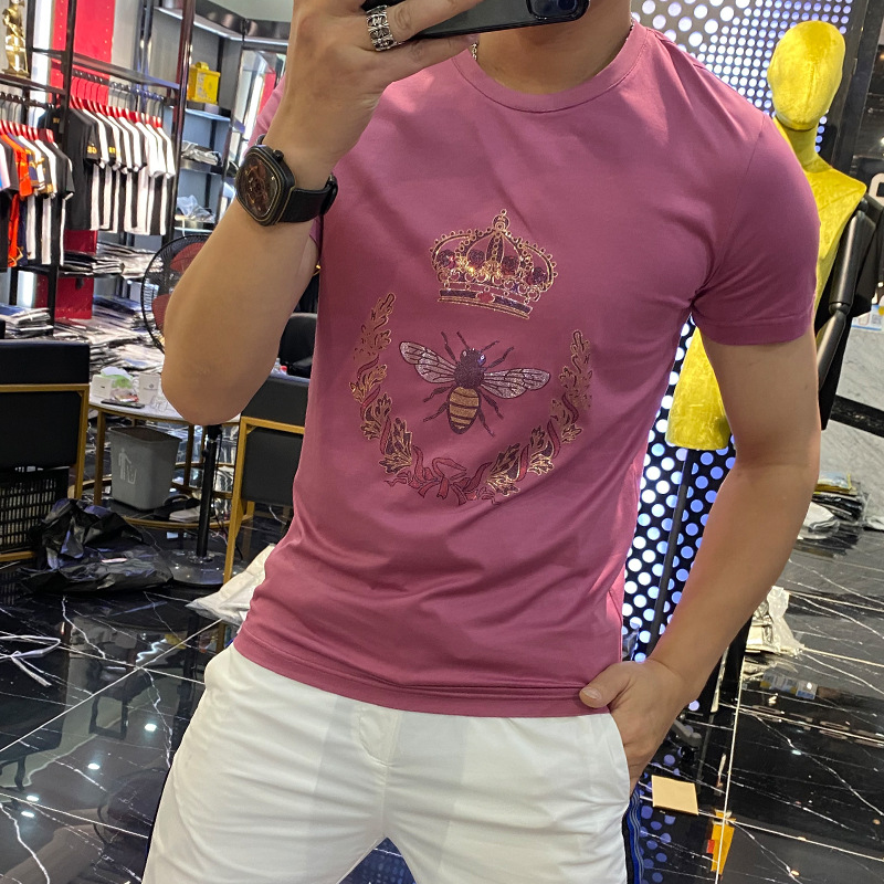 T-shirt à manches courtes pour hommes en soie glacée 2021, nouveau modèle d'été imprimé couronne petite abeille_voghion.com