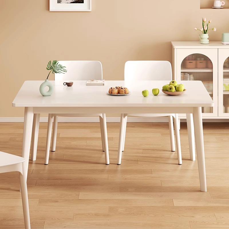 Mesa de comedor para el hogar, apartamento pequeño, mesa de comedor de estilo crema blanca, largas tiras, patas de madera maciza, mesa de tablero grande, mesa de comedor, cocina, mesa de alquiler
