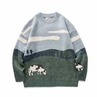American Style Fashion Brand 2023 Autumn and Winter New Japanese Style Vintage Knitted Sweater Trendy Round Neck Loose Sweater Jacket for Men and Women