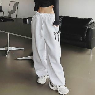 Korean Women's Fashion Butterfly Drawstring High-Waisted Casual Sweatpants Loose Fit