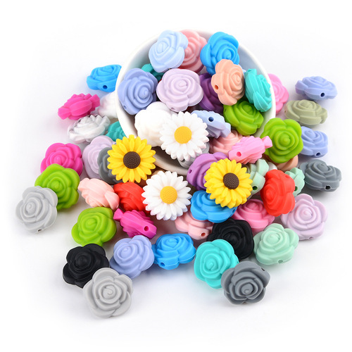 100pcs Silica gel loose rose beads double perforated rose flower children manually DIY bracelet necklace beaded jewelry accessories