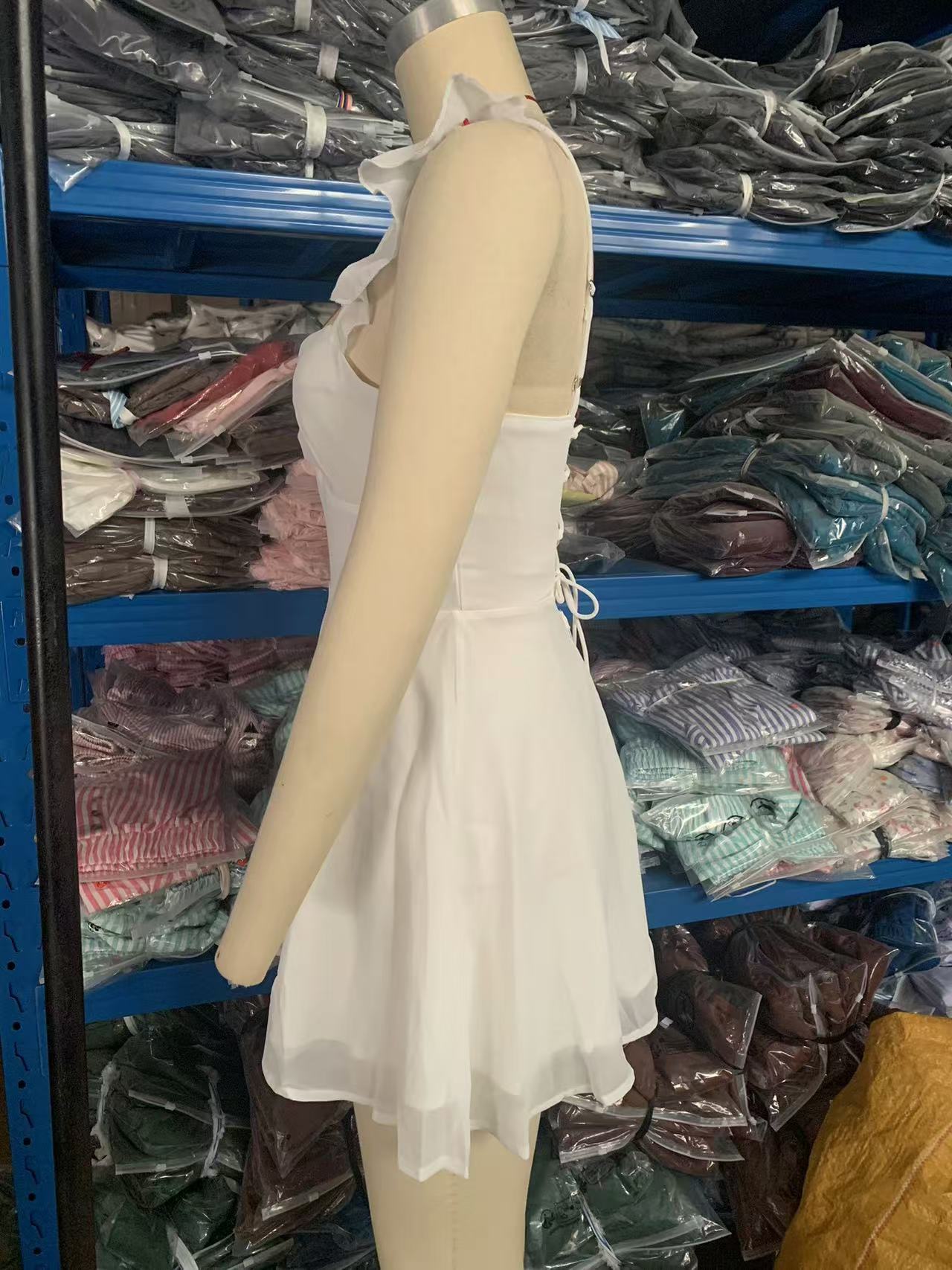 Spring Women Clothing Solid Color Chiffon Backless Thin Belt Dress Office