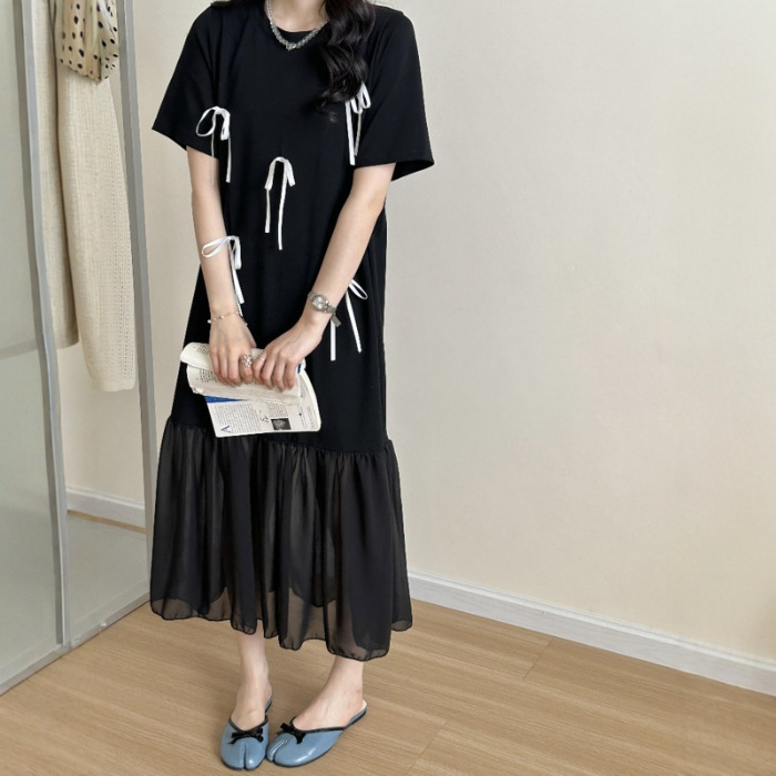 グレーリボンメッシュスプライシングドレスレディースミドル丈2025夏新作韓国風ルーズスイートTシャツドレス|undefined