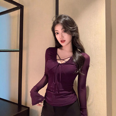 紫色网纱长袖T恤女2025初秋新款御姐风气质绝美修身上衣