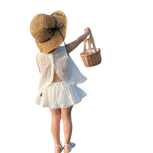 2024 summer girls two-piece breathable short-sleeved culottes two-piece set Y21