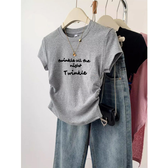 American Style Shoulder Cotton Short-sleeved T-shirt Women's Summer New European Fashionable Slim-fit Top Short Half-sleeved Base Shirt