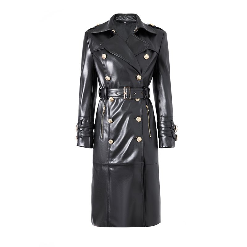 2023 Autumn/Winter Runway Style Heavy-Duty PU Leather Trench Coat, Belted Waist, Over-the-Knee Style, Trendy Cross-Border Influencer