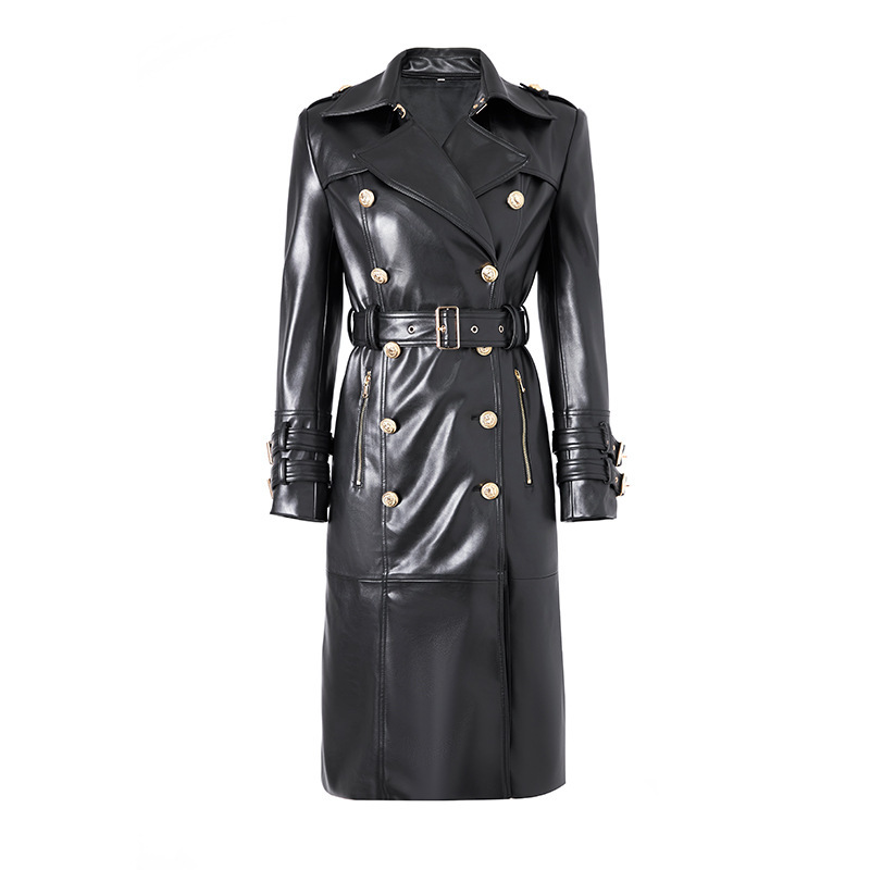 2023 autumn and winter catwalk super heavy industry PU leather atmospheric trench coat lace-up waist over knee coat tide cross-border Net Red 2023 autumn and winter catwalk super heavy industry PU leather atmospheric trench coat lace-up waist over knee coat tide cross-border Net Red