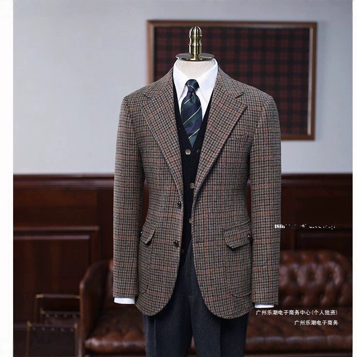 Autumn and Winter Woolen Plaid Retro Hunting Style British Coat Woolen Tweed Suit Men's Large Size Slim Fit Suit Autumn and Winter Woolen Plaid Retro Hunting Style British Coat Woolen Tweed Suit Men's Large Size Slim Fit Suit