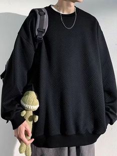 Heavy waffle round neck sweater men's spring and autumn fashion brand plus size new boys loose long sleeve hooded top clothes