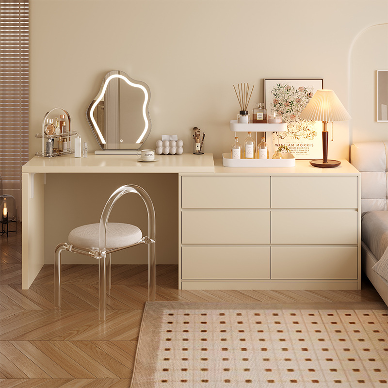 Tocador para dormitorio, mesa de maquillaje de lujo ligero, nuevo modelo 2024, mesa de maquillaje de alta gama con mesita de noche integrada y almacenamiento.