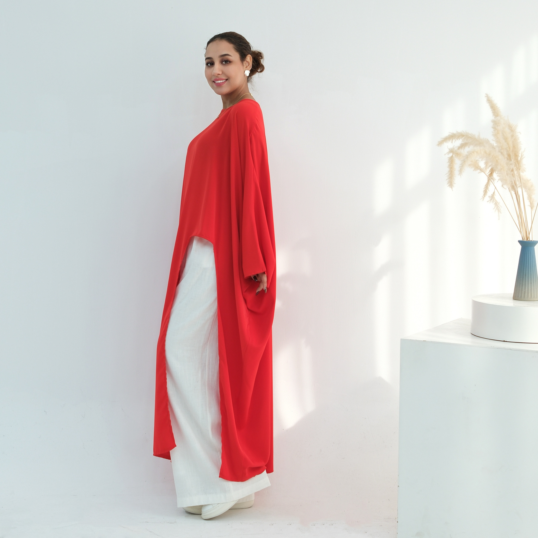 Voya Women's Oversized Modest Robe - Loose Fit Asymmetric Top With Crew Neck, Solid Color Longline Cardigan, Casual Loungewear, Elegant Daily Wear,_ecoleips.com